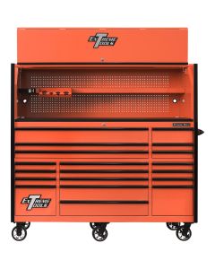 Extreme Tools RX Series 72"W x 30"D Pro Hutch & 19 Drawer Roller Cabinet Combo; Orange w Black Drawer Pulls