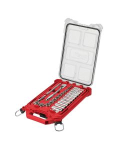 MLW48-22-9481 image(0) - Milwaukee Tool 3/8&rdquo; Drive 28pc Ratchet & Socket Set with PACKOUT Low-Profile Compact Organizer - SAE