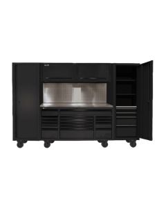 HOMBKCTS12002 image(0) - Homak Manufacturing 120" RS PRO CTS Roller Cabinet & Side Lockers Combo with Toolboard Backsplash - Black