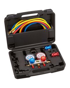 FJC6850PROMO image(0) - Includes: Aluminum manifold with pressure gauges, high and low side service port couplers and 72&rdquo; hoses packed in a protective plastic case.