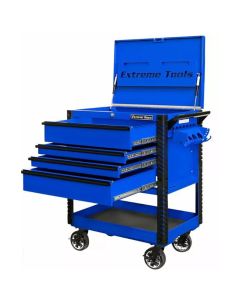 EX Tool Cart Series 33in W x 23in D 4-Drawer Deluxe Tool Cart with Bumpers, Black with Blue Quick Release Drawer Pulls