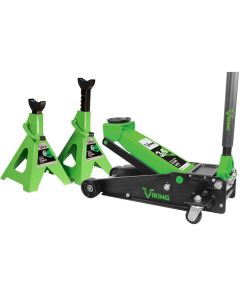 Viking by AFF - Floor Jack - 3.5 Ton Capacity - Double Pump - Short Chassis - 2 pc Handle - 5.2" Min H to 21" Max H - w/ Pair of 6 Ton Capacity Jack Stands