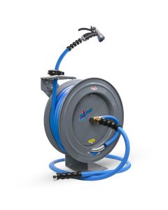 BLBBSWR5850-GY image(0) - BluBird BluSeal Garden Hose Reel 5/8" x 50' Retractable Heavy Duty Steel Construction with Garden Hose, Spray Nozzle, 6' Lead-in Hose - Grey