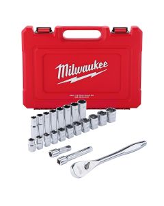 MLW48-22-9410 image(0) - Milwaukee Tool 22 pc 1/2" Drive SAE Ratchet and Socket Set with FOUR FLAT Sides