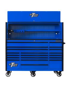 Extreme Tools RX Series 72"W x 30"D Pro Hutch & 19 Drawer Roller Cabinet Combo; Blue w Black Drawer Pulls