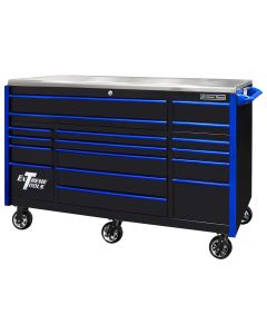 Extreme Tools EXQ Series 72"W x 30"D 17-Drawer Pro Triple Bank Roller Cabinet Black w/ Blue Quick Release Drawer Pulls