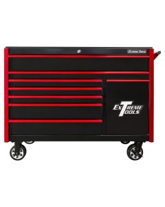 Extreme Tools DX Series 55in W x 25in D 8-Drawer Roller Cabinet W/Power Tool Drawer, 100 lb Slides, Black w Red Drawer Pulls