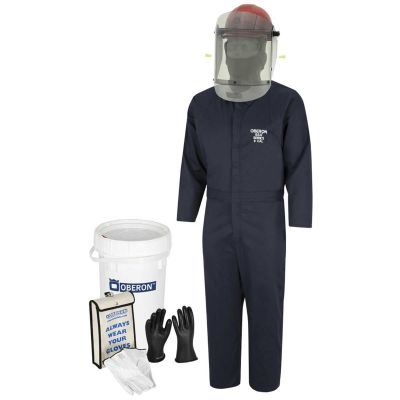 OBRZCF039-9 image(0) - OBERON™- 8 Cal HRC2™ Electric Vehicle Arc Flash & Shock Kit: TCG Arc Flash Face Shield w/Hard Cap, Balaclava, Coverall with Escape Strap, Safety Glasses, Class 0 Glove Kit - Size 9, Earplugs & Storage Bucket - Size L