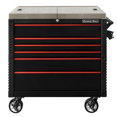 EXTEX4106TCSBKRD image(0) - Extreme Tools EX Series 41" 6 Drawer Stainless Steel Sliding Top Tool Cart with Bumpers  Black with Red Drawer Pulls