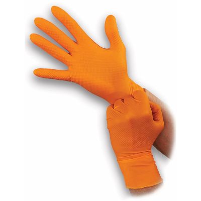 BLGOO-S image(0) - Super tough orange 8mil powder free nitrile disposable gloves with aggressive diamond grip. Touchscreen compatible, food safe and resists most chemicals. Latex Free. Not for Medical Use. 100/box. Sm