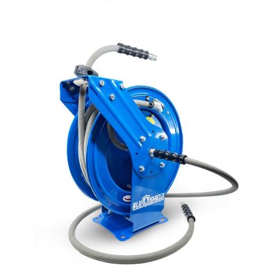 BLBPWR38100-CP-NM image(0) - BluBird BluShield 3/8" Pressure Washer Hose Reel with 4100PSI Aramid Braided Non Marking Hose, Quick Connect Coupler, 6' Lead-in Hose, Dual Arm Heavy Duty - 100 Feet