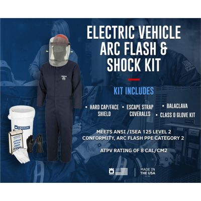 OBRZCF249-10 image(1) - Oberon OBERON™- 8 Cal HRC2™ Electric Vehicle Arc Flash & Shock Kit: TCG Arc Flash Face Shield w/Hard Cap, Balaclava, Coverall with escape strap, Safety Glasses, Class 0 Glove Kit - Size 10, Earplugs & Storage Bucket - S
