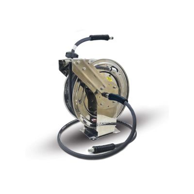 BLBPWRSS38100-NM image(0) - BluShield 3/8" Retractable Stainless Steel Pressure Washer Hose Reel with Aramid Braided Hose, Non Marking, 6' Lead-in Hose - 100 Feet