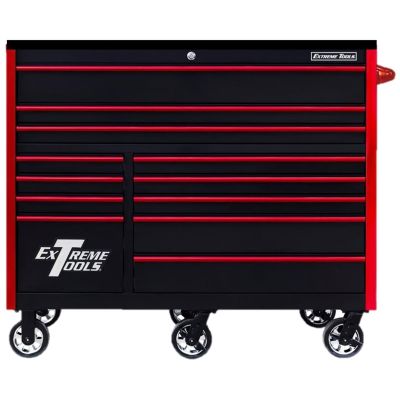 EXTRX552512RCBKRD-X image(0) - Extreme Tools RX Series Professional 55"W x 25"D 12 Drawer Roller Cabinet 150 lbs slides Black, Red Drawer Pulls