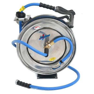 BLBBSWRSS5850 image(0) - BluSeal Stainless Steel Water Hose Reel 5/8" x 50' Retractable with Rubber Garden Hose, 6' Lead-in, Spray Nozzle