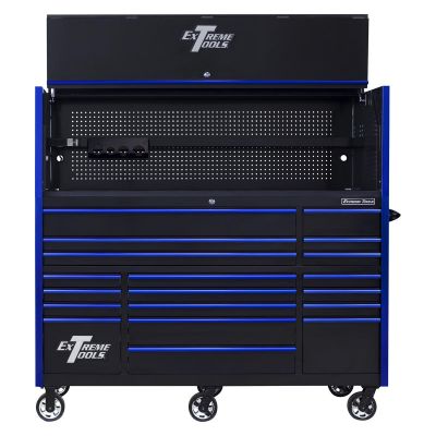 EXTRX723020HRKU image(0) - RX Series 72"W x 30"D Pro Hutch & 19 Drawer Roller Cabinet Combo; Black w Blue Drawer Pulls