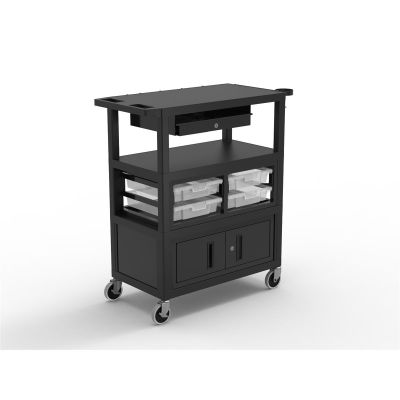LUXECMBSKBC-B image(0) - 32" x 18" Deluxe Cart with Locking Cabinet, Storage Bins, Keyboard Tray, Pocket Chart Hooks, and Cup Holder