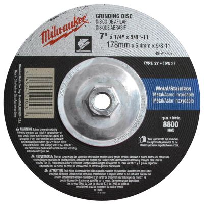 MLW49-94-7025 image(0) - Milwaukee Tool 7" x 1/4" x 5/8-11" Grinding Wheel (Type 27)