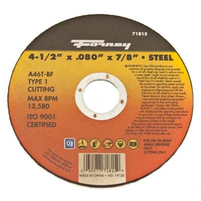 FOR71815-5 image(0) - Forney Industries Cut-Off Wheel, Metal, Type 1, 4-1/2 in x .080 in x 7/8 in 5 PK