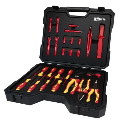 WIH91890 image(0) - Insulated 26 Piece Tool Set with Sockets, Ratchets, Extension Bars, Wrenches, Pliers, Cutters, Screwdrivers, Cable Stripping Knife, and Tweezers in 18.11" L x 14.56" W x 4.33" H Tool Case.