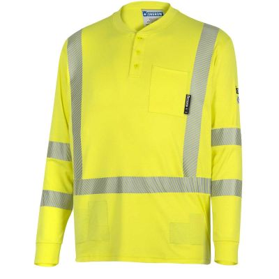 OBRZFI406-S image(0) - OBERON Henley Shirt - Hi-Vis 100% FR/Arc-Rated 7 oz Cotton Interlock - Long Sleeves - Hi-Vis Yellow - Size: S