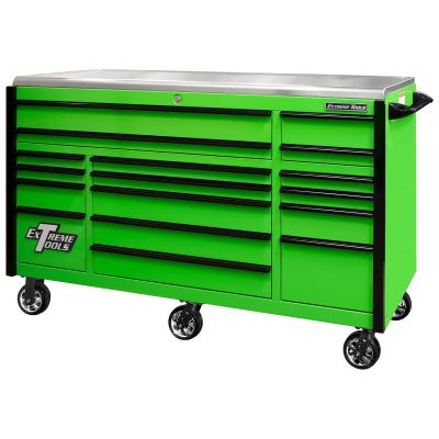 EXTEX7217RCQGNBK image(0) - Extreme Tools EXQ Series 72"W x 30"D 17-Drawer Pro Triple Bank Roller Cabinet Green w/ Black Quick Release Drawer Pulls