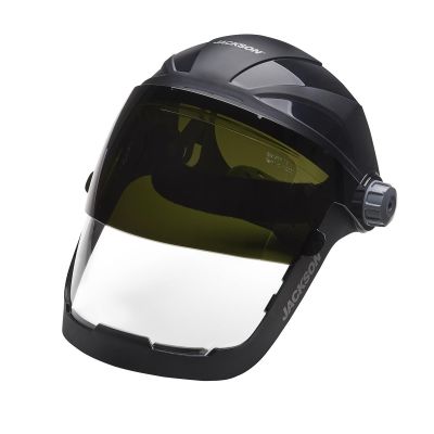 SRW14230 image(0) - Jackson Safety Jackson Safety - Face Shield - QUAD 500 Premium Multi-Purpose Series - 9' x 12.125' x 0.060" Window - Clear AF with Shade 5 IR Flip Visor - 370 Speed Dial Headgear