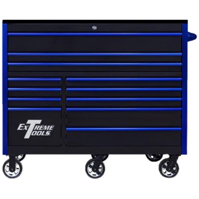 EXTRX552512RCBKBL-X image(0) - Extreme Tools RX Series Professional 55"W x 25"D 12 Drawer Roller Cabinet 150 lbs slides Black, Blue Drawer Pulls