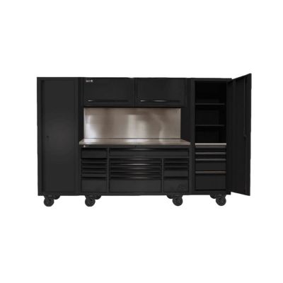 HOMBKCTS12001 image(0) - 120" RS PRO CTS Roller Cabinet & Side Lockers Combo with Solid Backsplash - Black