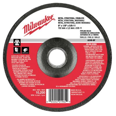 MLW49-94-6360 image(0) - Milwaukee Tool 6" x 1/8" x 5/8-11" Grinding Wheel (Type 27)