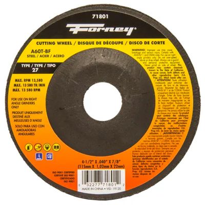 FOR71801-5 image(0) - Forney Industries Cut-Off Wheel, Metal, Type 27, 4-1/2 in x .040 in x 7/8 in 5 PK