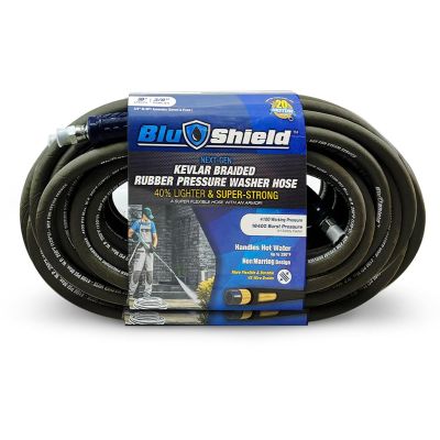 BLBPW3850-CP image(0) - BluShield Aramid Braided 3/8" Rubber Pressure Washer Hose with Quick Connect Coupler Plug, 4100PSI, Heavy Duty, Lightweight - 50 Feet
