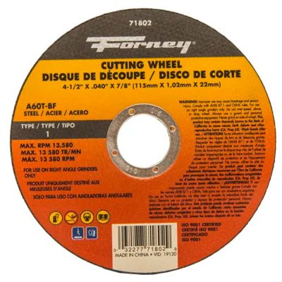 FOR71802-5 image(0) - Forney Industries CUT-OFF WHEEL, METAL, TYPE 1 (FLAT), 4-1/2 IN X .040 IN X 7/8 IN 5 PK