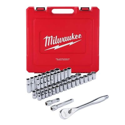 MLW48-22-9010 image(0) - Milwaukee Tool 47pc 1/2" Drive Metric & SAE Ratchet and Socket Set with FOUR FLAT Sides