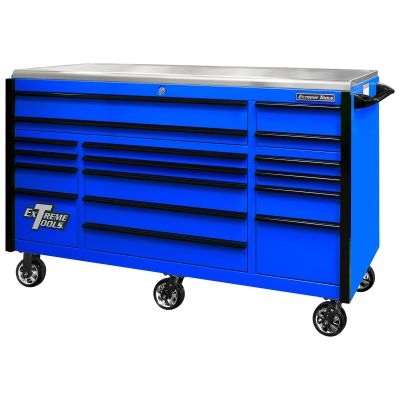 EXTEX7217RCQBLBK image(0) - EXQ Series 72"W x 30"D 17-Drawer Pro Triple Bank Roller Cabinet Blue w/ Black Quick Release Drawer Pulls