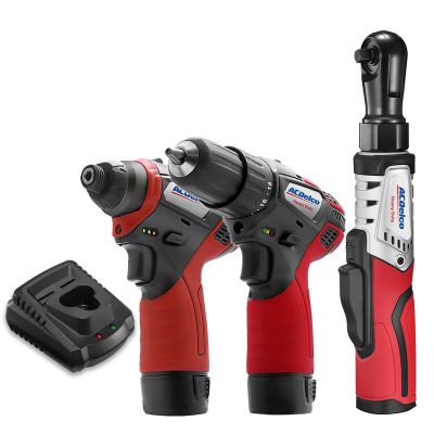 ACDARW12103-K11 image(0) - ACDelco ACDelco G12 Series 12V Cordless Li-ion �?" Impact Driver, 3/8" Drill Driver & Brushless Ratchet Wrench Combo Tool Kit with 2 Batteries