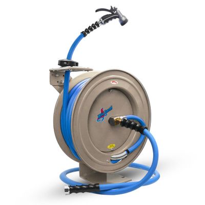 BLBBSWR5850-CR image(0) - BluBird BluSeal Garden Hose Reel 5/8" x 50' Retractable Heavy Duty Steel Construction with Garden Hose, Spray Nozzle, 6' Lead-in Hose - Cream