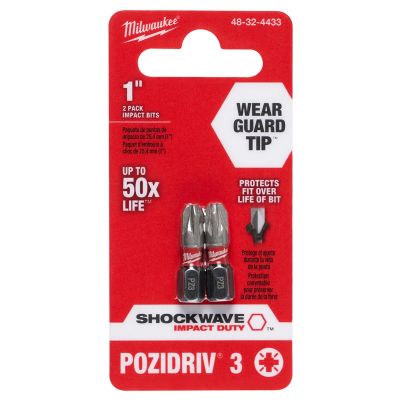 MLW48-32-4433 image(0) - Milwaukee Tool Shockwave 1" Impact Pozidriv #3Insert Bits (2PK)