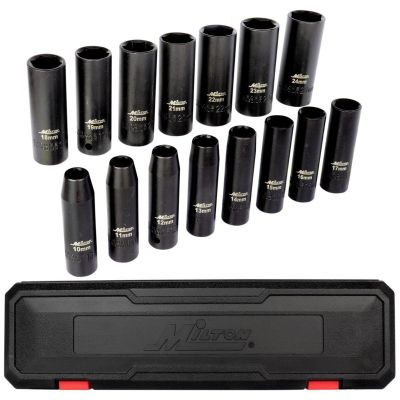 MIL1300-SS-O5 image(0) - Milton Industries 15pcs 1/2 Dr. 10-24MM Deep Socket  Set