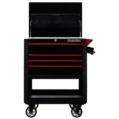 EXTEX3304TCBKRD image(0) - Extreme Tools EX Tool Cart Series 33in W x 23in D 4-Drawer Deluxe Tool Cart with Bumpers, Black with Red Quick Release Drawer Pulls