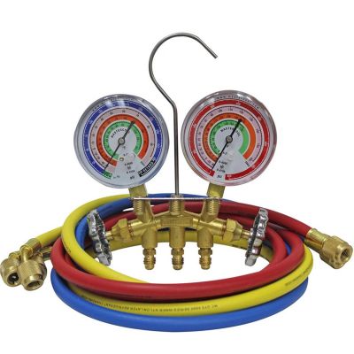 MSC59161 image(0) - Mastercool R410A, R22, R404A 2-Way Brass Manifold Gauge Set includes 3 &hyphen; 60? R410A hoses with standard 1/4? SAE fittings packaged in a clamshell