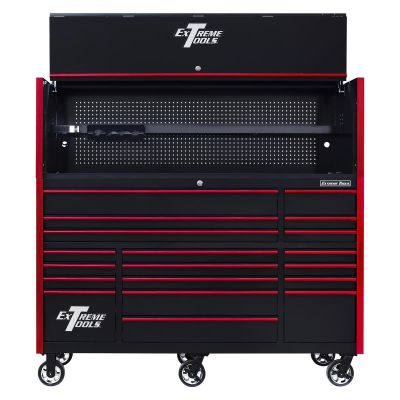 EXTRX723020HRKR image(0) - Extreme Tools RX Series 72"W x 30"D Pro Hutch & 19 Drawer Roller Cabinet Combo; Black w/ Red Drawer Pulls