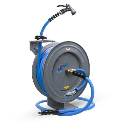 BLBBSWR5850-GY image(0) - BluBird BluSeal Garden Hose Reel 5/8" x 50' Retractable Heavy Duty Steel Construction with Garden Hose, Spray Nozzle, 6' Lead-in Hose - Grey