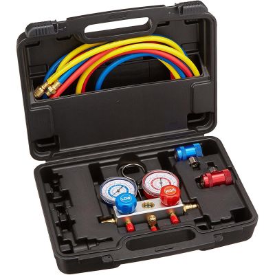 FJC6850PROMO image(0) - Includes: Aluminum manifold with pressure gauges, high and low side service port couplers and 72” hoses packed in a protective plastic case.