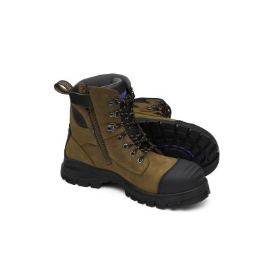 BLU983-075 image(0) - Blundstone Steel Toe Lace Up Side Zip, Water Resistant, Bump Cap, Puncture Resistant Insole, Crazy Horse Brown, AU size 7.5, US size 8.5