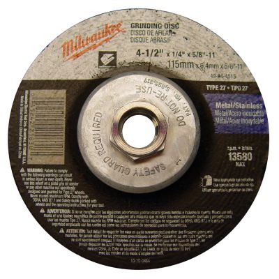 MLW49-94-4515 image(0) - Milwaukee Tool 4-1/2" x 1/4" x 5/8-11" Grinding Wheel (Type 27)