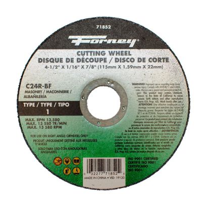 FOR71852 image(0) - Forney Industries Cutting Wheel, Masonry, Type 1, 4-1/2 in x 1/16 in x 7/8 in