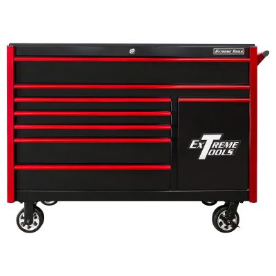 EXTDX552508RCBKRD image(0) - Extreme Tools DX Series 55in W x 25in D 8-Drawer Roller Cabinet W/Power Tool Drawer, 100 lb Slides, Black w Red Drawer Pulls