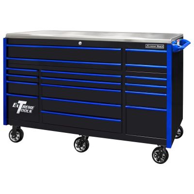 EXTEX7217RCQBKBL image(0) - Extreme Tools EXQ Series 72"W x 30"D 17-Drawer Pro Triple Bank Roller Cabinet Black w/ Blue Quick Release Drawer Pulls