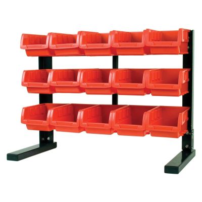 WLMW5186 image(0) - Wilmar Corp. / Performance Tool Table Top Storage Rack with 15 Red Plastic Bins, S